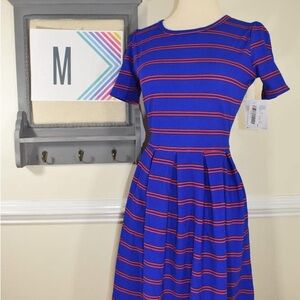 LuLaRoe Amelia Dress - Blue and Red Striped Midi Dress